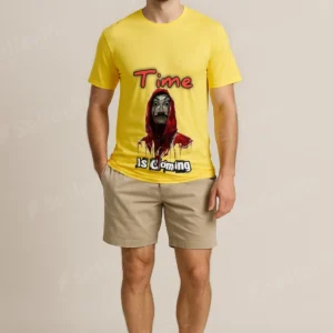 Time Is Coming Graphic Yellow T-shirt for Men – Bold Hoodie Print Casual Tee