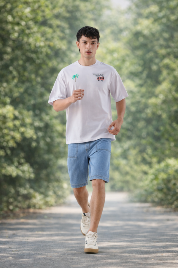 White Graphic T-Shirt for Men – Casual Summer Oversized Tee with Denim Shorts Look